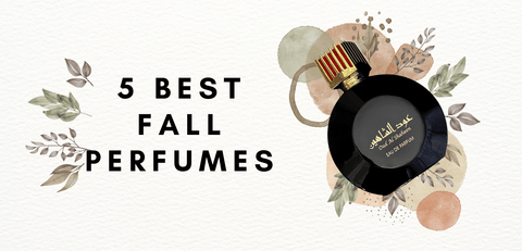 Oud Al Shaheen perfume bottle with autumn leaves and '5 Best Fall Perfumes' text.