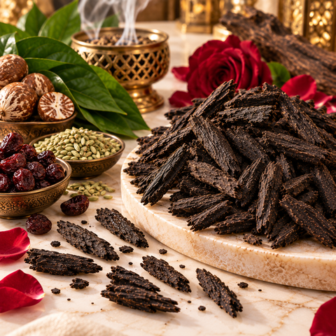 Hind Al Aswad Arabian Incense Oud with rose petals, betel nuts, and cardamom seeds.