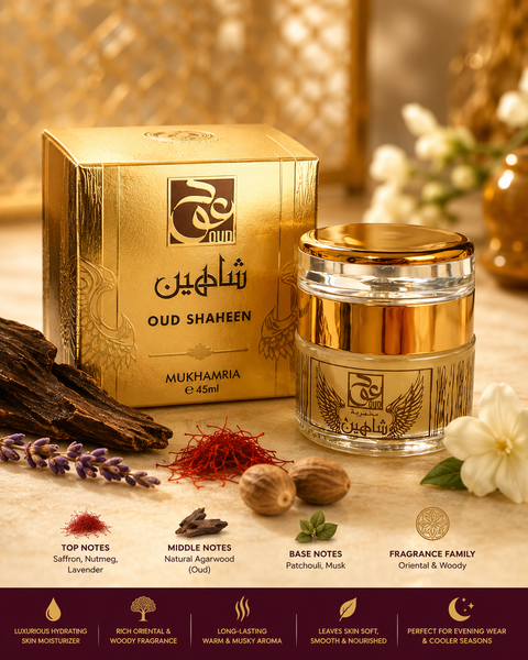 Mukhamria Oud Shaheen Hydrating Skin Moisturizer – Oud, Musk & Amber | Luxury Woody Moisturizing Gel