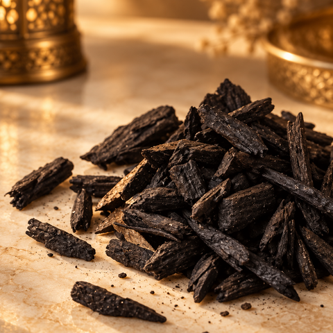 Pile of premium Oud Combodi Arabian incense wood chips on a light marble surface.