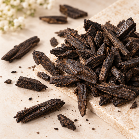 Premium Muthella Arabian Incense Oud wood chips on a light stone surface