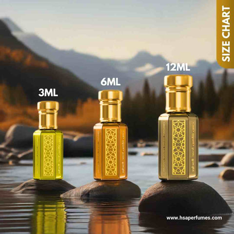 Three HSA Perfumes attar bottles in 3ml, 6ml, and 12ml sizes on rocks, with mountains in background